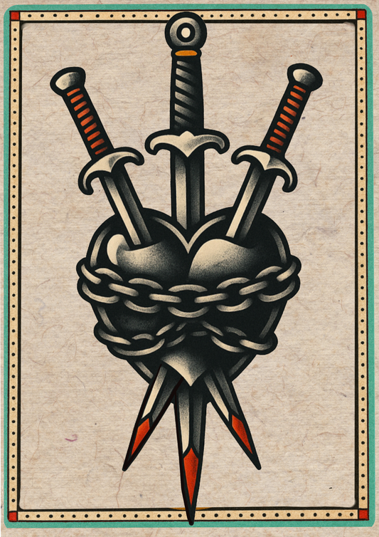 Three (3) Daggers through a Chained Heart Tattoo studio Print - rare, unique Wall Art Flash Sheet Art Print, Vintage Wall Decor for Ink Lovers – A great piece to complete your collection - Size A3 (Copy)