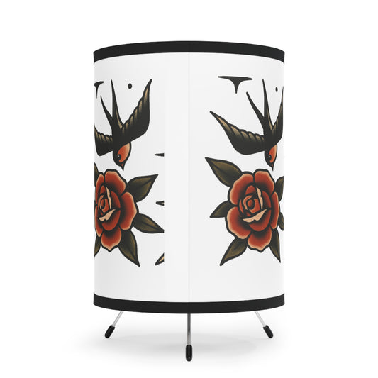 Swallows and Roses Vintage-Inspired Tripod Lamp, Ambient Lighting for Home Decor, Chic Living Room Light, Elegant Gift for Bird Lovers, Tattoo Art Table Lamp