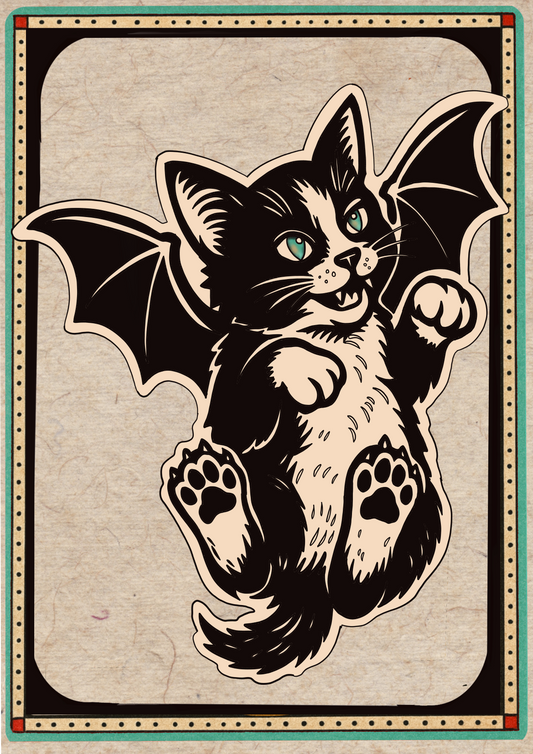 Cute Flying Bat Kitten - Traditional Tattoo Flash Sheet Art Print, Vintage Wall Decor for Ink Lovers – A great piece to complete your collection - Size A3 (Copy)