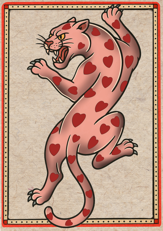 Pink heart crawling panther - Traditional Tattoo Flash Sheet Art Print, Vintage Wall Decor for Ink Lovers – A great piece to complete your collection - Size A3