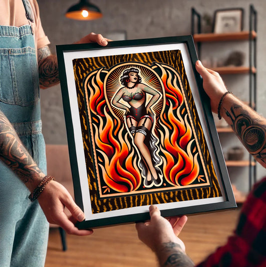 Traditional Tattoo Flash Sheet Art Print – Vintage Wall Decor for Ink Lovers – Complete your collection - Smoking Hot Pin Up Babe
