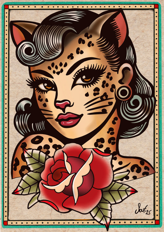 Leopard Kitty Babe - Traditional Tattoo Flash Sheet Art Print, Vintage Wall Decor for Ink Lovers – A great piece to complete your collection - Size A3