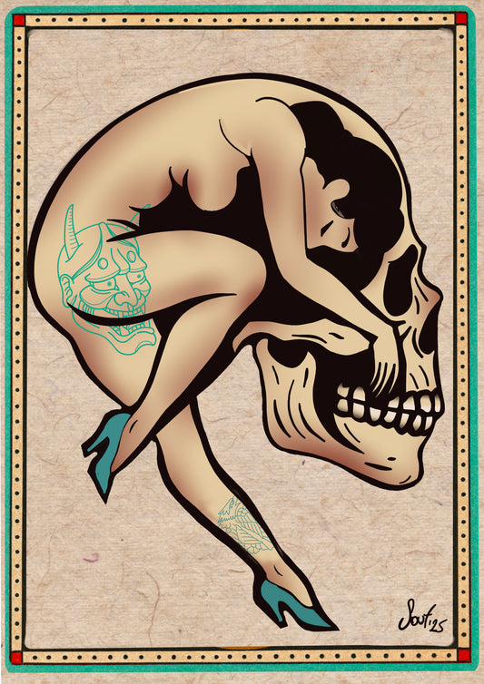 Skull Woman Tattoo studio Print - rare, unique Wall Art Flash Sheet Art Print, Vintage Wall Decor for Ink Lovers – A great piece to complete your collection