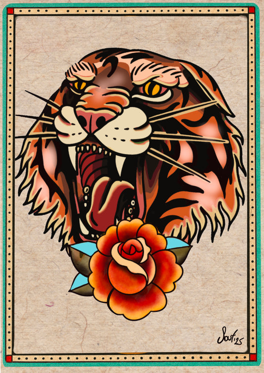Traditional Tattoo Roaring Tiger Flash Sheet Art Print, Vintage Wall Decor for Ink Lovers – A great piece to complete your collection - Size A3