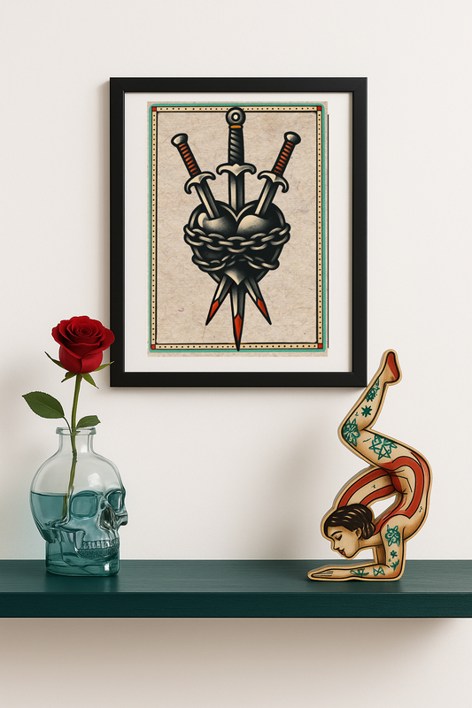 Three (3) Daggers through a Chained Heart Tattoo studio Print - rare, unique Wall Art Flash Sheet Art Print, Vintage Wall Decor for Ink Lovers – A great piece to complete your collection - Size A3 (Copy)