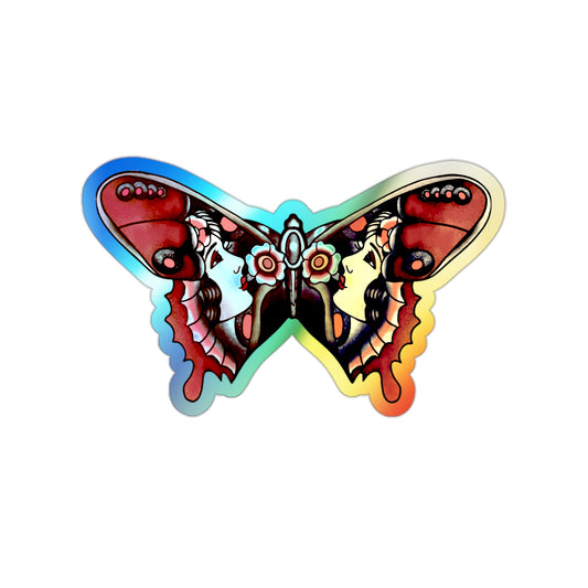 Stickers - Holographic Butterfly Gypsy Face Traditional Tattoo Americana Design