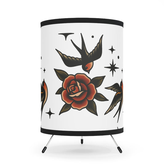 Swallows and Roses Vintage-Inspired Tripod Lamp, Ambient Lighting for Home Decor, Chic Living Room Light, Elegant Gift for Bird Lovers, Tattoo Art Table Lamp