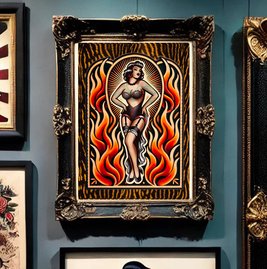 Traditional Tattoo Flash Sheet Art Print – Vintage Wall Decor for Ink Lovers – Complete your collection - Smoking Hot Pin Up Babe