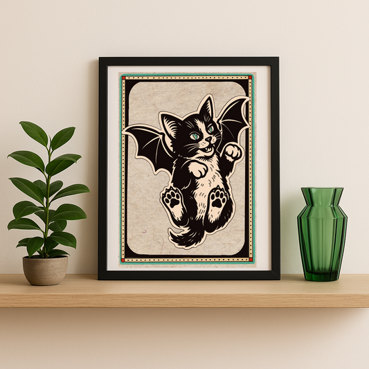 Cute Flying Bat Kitten - Traditional Tattoo Flash Sheet Art Print, Vintage Wall Decor for Ink Lovers – A great piece to complete your collection - Size A3 (Copy)