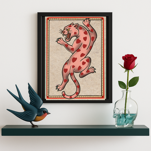 Pink heart crawling panther - Traditional Tattoo Flash Sheet Art Print, Vintage Wall Decor for Ink Lovers – A great piece to complete your collection - Size A3