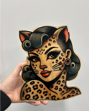 Vintage Pin Up Kitty Wood Cut Out: Leopard Babe Wall Art