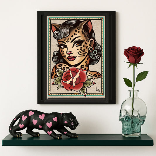 Leopard Kitty Babe - Traditional Tattoo Flash Sheet Art Print, Vintage Wall Decor for Ink Lovers – A great piece to complete your collection - Size A3