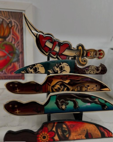 Traditional Tattoo Wood Cutout Knives Wall Art