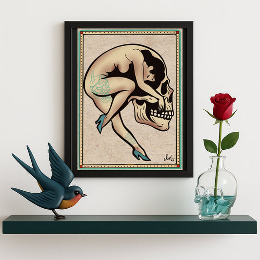 Skull Woman Tattoo studio Print - rare, unique Wall Art Flash Sheet Art Print, Vintage Wall Decor for Ink Lovers – A great piece to complete your collection