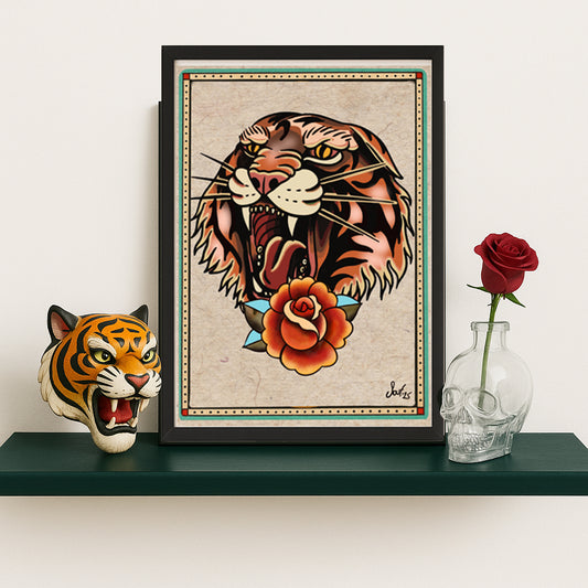 Traditional Tattoo Roaring Tiger Flash Sheet Art Print, Vintage Wall Decor for Ink Lovers – A great piece to complete your collection - Size A3